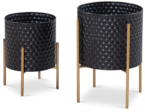 FineBuy Blumentopf 2er Set Metall Schwarz Gold mit Füßen | runde Pflanzgefäße für innen, Übertopf Set handgefertigt, Blumenkübel für Wohnzimmer und Flur
