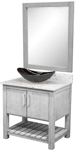Miseno MV-30SG-NOBV-6001-0088031-MIR 30 Free Standing Single Basin Vanity Set with Cabinet, Quartz Vanity Top, Oval Glass Vessel Sink and Mirror - Stonewash Grey/Cafe Mocha Top/Chrome Hardware