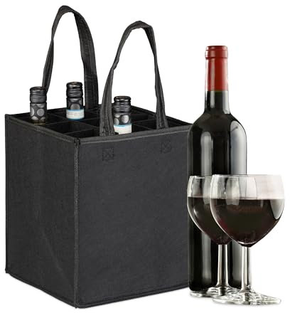 Relaxdays Sac à récipients, 9 Bouteilles, Porte-Boissons, pour vin, bière, consignes, collecteur, 45x24x24 cm, Noir
