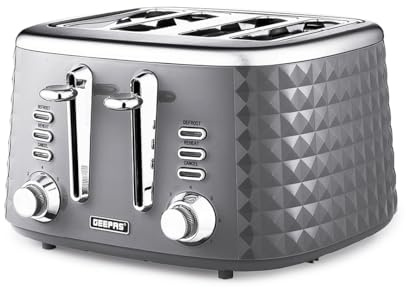 GEEPAS Argyle 4 Slice Toaster 7 Browning Levels Dual Control 1750W Grey | 2 Removable Crumb Trays High Lift Cancel Defrost Reheat 2 Year Warranty