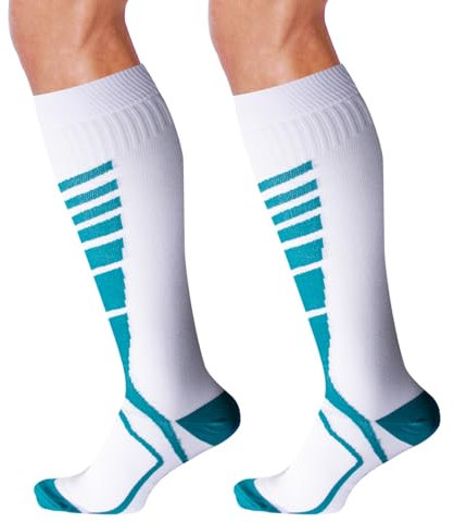 MEGAVOW 1 Paia Calze a Compressione Graduata Uomo Donna, Calze Elastiche Calza Sportive Calze a Compressione Alte Fino al Ginocchio per Running, Sci, Ciclismo, Viaggi a Lungo Raggio, S/M, Bianco&Verde