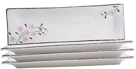 DealbyBox 14 Ceramic Sushi Plate - Long Rectangle Plates for Serving (4Pack, Pink Sakura)