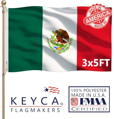 KEYCA Bandera de México de alta calidad de 3 x 5 pies, 100% fabricada en los Estados Unidos, colores vibrantes y resistentes, bandera nacional mexicana MX de doble cara con 2 ojales de latón para