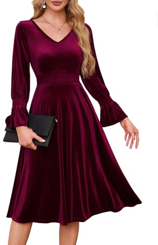 Meetjen Women's Long Sleeve Velvet Dress V Neck Midi Flowy Smocked Dress Fall Vintage Wedding Guest Dresses Burgundy L