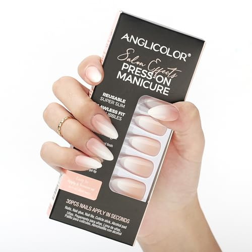 Anglicolor Press On Nails,Press On Nägel mit French Tip,Press-On-Nägel kurz, kurze Mandelnägel,30 Stück weiche Gel-Kunstnägel in 15 Größen (A110, 30 Stück)