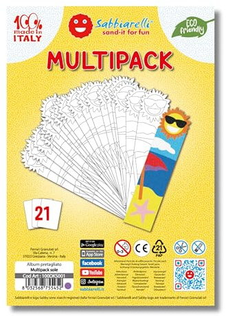 Sabbiarelli Sand-it For Fun – Multipack Lesezeichen Sonne – 7 Selbstklebende A5-Karten mit 21 Gleichen Lesezeichen für Sand Art | FARBSAND NICHT ENTHALTEN | Kreativ-Workshops für Kinder 5-9 Jahre