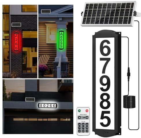 Solar House Numbers with Separate Panel, T-SUNUS Address Sign for Outside Horizontal & Vertical Mounted, Waterproof LED Number Plaque Street Yard Mailbox Visitor Mailman 911 Ubereats (RGB&White 6000K)