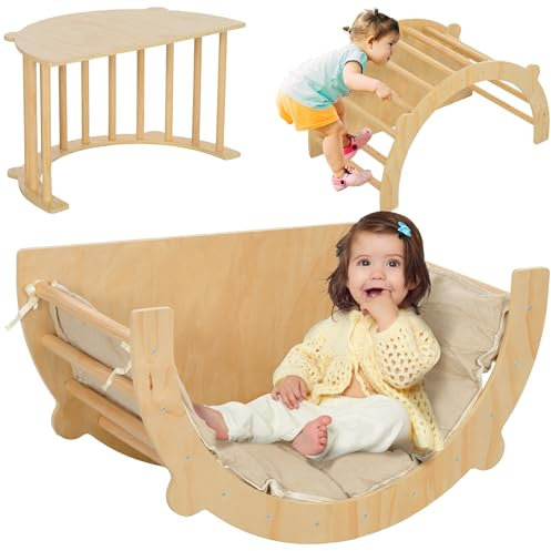 AIYAPLAY Juego de trepa 3 en 1 con cojines de mesa, arco para columpiarse y trepar, juguete de madera para trepar, para niños de 1,5 a 4 años, interior, madera natural