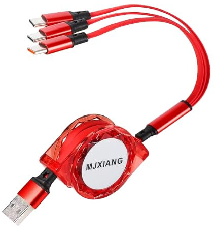 MJXIANG USB C Kabel Schnellladung [QC 3.0/3A/1M], Multi USB C Einziehbares Ladekabel 3 in 1 mit 3 Typ C Anschlüsse, für iP 15/16/17 Serien, Samsung Galaxy S25 Ultra, iPad, LG, Sony, Huawei, PS5