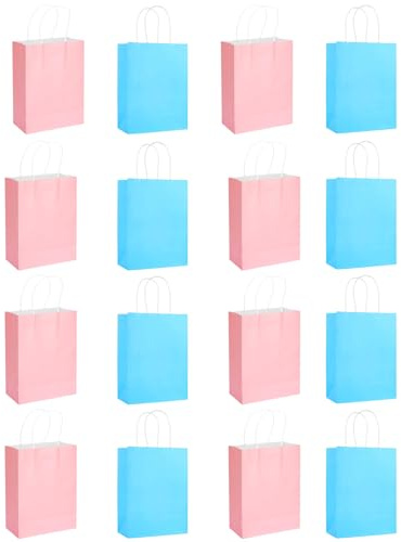 Kleine Papiertüten Blau und Rosa, 16 Stück Geschenktüten Blau Rosa TUIOLUI Kleine Papiertüten mit Henkel für Einkaufen, Hochzeiten, Verpackungen, Partys, Geburtstag, Valentinstag 15X8X21 cm