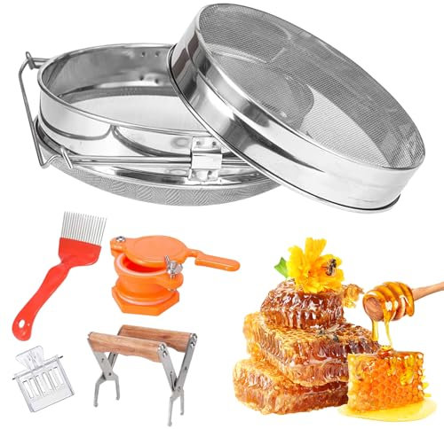 PRITOK Edelstahl Honigsieb Doppelsieb, 5-Teiliges Set Imker Zubehör, Bienenzuchtgeräte Imker Werkzeug Zange, Imker Entdeckelgabel, Bienenhaus Ausstattung Geeignet zum Filtern von Honig