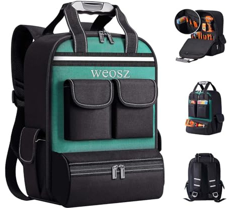 weosz Tool Backpack for Men 18 Inch Heavy Duty WaterProof Bag Organizer with Shoulder for Electrician Mechanics Green