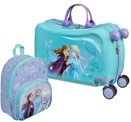 Kinderkoffer Ride-On Disney Frozen, Koffer Set mit Kinderrucksack, Personalisiert mit Name, Trolley zum Draufsitzen, Handgepäck Reisekoffer