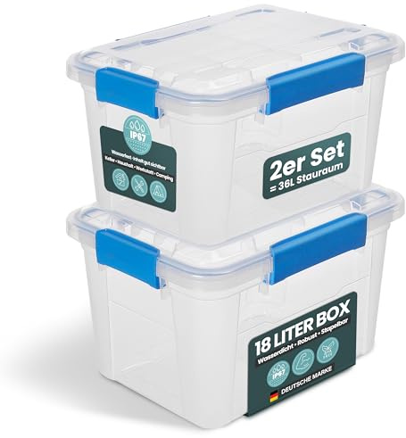 Kreher® Aufbewahrungsbox mit Deckel (18 Liter) – Wasserdichte Box stapelbar, Luftdichte Box BPA- & schadstofffrei, robuste Lagerboxen mit Silikondichtung, Kunstoffbox mit 6 Clips (2)