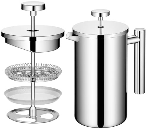 JF HOME BLIS 650Ml/4Cup Stainless Steel French Press, Double Walled Insulated French Press with Silver Color, Stainless Steel Plunger Coffee Maker 3 Level Filtration System for Home Office and Camping