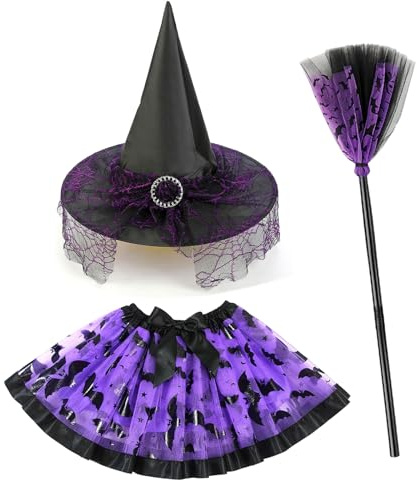 ZNDFTW Kids Witch Costume with Purple Tutu, Witch Hat and Broom – Halloween Costume for Girls, Fancy Dress Outfit for Toddlers & Children