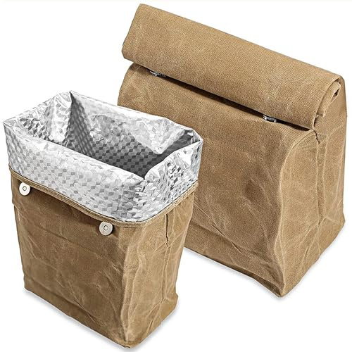 Linkidea Wax Canvas Insulated Lunch Bag, Large Capacity, Brown | Re-Waxable Water-Resistant Exterior, Tear-Resistant Firm Canvas, Wide Opening, Folds Flat, Fits Lunch, Snacks, 1 Bag