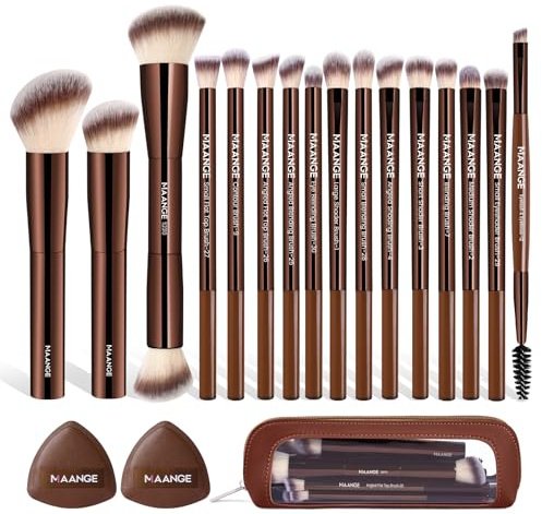 MAANGE Makeup Brush Set 19 PCS Travel Makeup Brushes Eyeshaowder Powder Concealers Foundation Professional Make Up Brush Set with Case (Coffee)