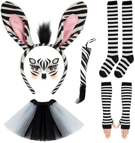 BrKern 6 Stück Zebra Kostüm Set, Karneval Kostüm, Handschuhe, Socken, Rock, Stirnband, Schwanz, temporäres Gesichtstattoo für Tierkostüm Cosplay, Karnevalsparty Kostümzubehör