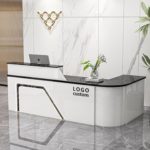 MEEYI Moderne Empfangstresen Empfangstheke Holz Modern 140x60x100cm Rezeptionstheken mit großer Arbeitsfläche Für Salon Hotel Büros Lobbys Geschäft Weiß-schwarzes Steinmuster-Links