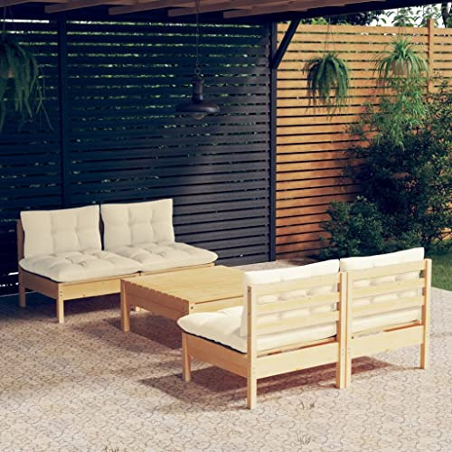 Mokuyary 5-TLG. Trädgårdsloungeset med krämkuddar i furu, trädgårdsmöbelset, utomhus balkongset, terrassmöbler, trädgårdslounge sittgrupp för terrass, balkong, trädgård – A