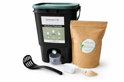 Sunwood Life Indoor Bokashi Composter Starter Kit, 2.2 lb Premium Bokashi Bran Included, Easliy Turn Your Kitchen Wastes into Nutrition for Your Garden Soil (Black)