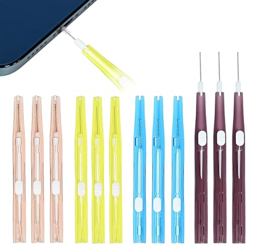 ROLKUFA 12 Piezas Anti-Atascos Cepillo Limpieza Puerto Carga, de doble cabeza con cerdas suaves y gancho flexible, para teléfonos, auriculares y teclados, en azul, amarillo, marrón y violeta