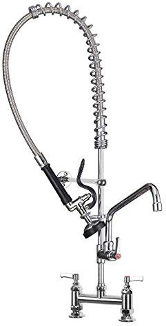 Mini Deck Mount Commercial Pre-Rinse Mixer Taps 7 Inch Kitchen Sink Faucet with Add-On Swing Nozzle and Pull Out High-Pressure Sprayer, Twin 7 Bridge Tap