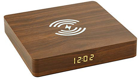 WANGLXST Portable Chargeur sans Fil Réveil LED Bois Numérique Non Ticking, Qi Charge sans Fil Chevet sans Fil De Charge Radio Non Ticking avec Affichage LED Dimmable Multifonction, Brown