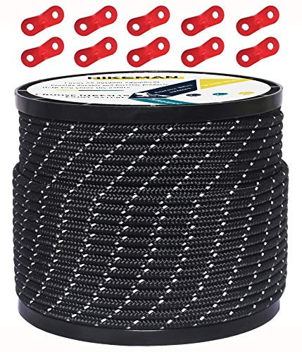 50M reflektierende Schnur Guy Seile Outdoor Zelt Führungsseil 100% Nylon Schnur Windlinie mit 10 Stück Aluminiumlegierung Spanner für Camping (Black, Diameter 4 mm)