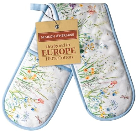 Maison d' Hermine Double Oven Mitts 100% Double Cotton Oven Glove 18 x 89cm | Heat Resistant BBQ Cooking Gloves with Loop Baking Grilling Kitchen Hotel Home Farmhouse Spring Summer - Fleurs De Mai