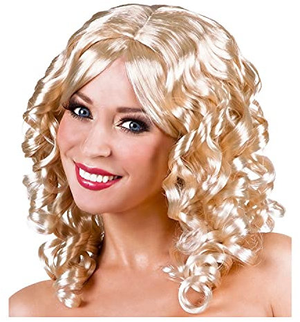 WOOOOZY NEU Perücke Damen Mittelscheitel schulterlange Locken, Cocktail, blond - mit Haarnetz