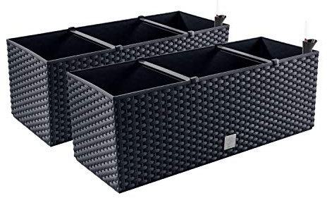 PAFEN 2X Blumenkasten Blumentopf Rattan-Optik - 60 x 25 x 24 cm - Pflanztopf Bewässerungssystem Balkonkasten Pflanzkästen, Anthrazit