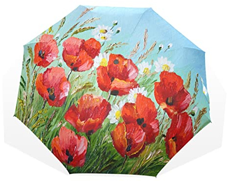 Paraguas Amapola Margarita Flor Hojas Florales a prueba de viento 3 Pliegues Paraguas para Mujeres Hombres Niñas Niños Unisex Ultraligero Viaje al