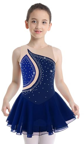 TiaoBug Vestito Danza Classica Bambina Strass Abito da Pattinaggio Artistico sul Ghiaccio Leotards Body da Balletto Abito da Ballo Latino Jazz Danza Moderna Performance Blu Scuro 8 Anni