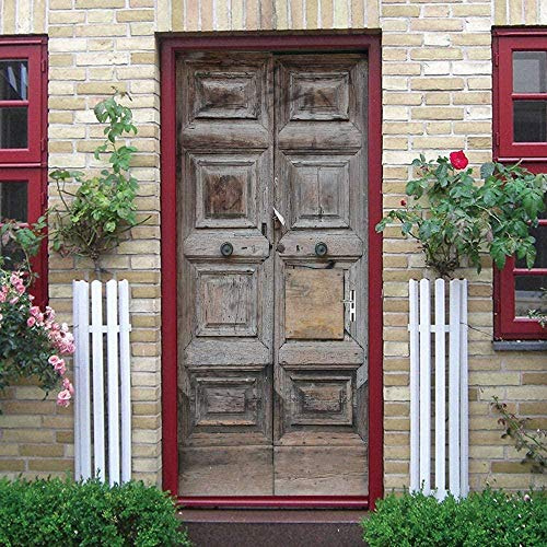 Murales Poster Per Porte 90X200Cm Mobili Vintage Marroni Con Porta In Legno Carta Da Parati Adesivo Per Porta 3D Autoadesivo Fotomurali Impermeabile Decalcomanie Famiglia Soggiorno Bagno Decor