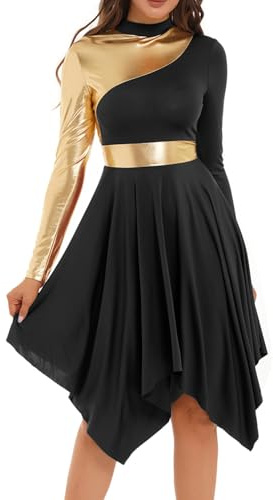 Runhomal Damen Tanzkleid Eiskunstlauf-Kleid Langarm Ballettkleid Ballettkleidung Tanzbody Gymnastikbody mit Asymmetrischer Saum Dancewear Schwarz XXL