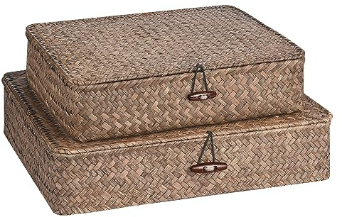 FOSSORH Set of 2 Flat Seagrass Storage Bins with Lid Wicker Storage Baskets for Organizing, Woven Shelf Organizer Bins Home Utility Organizer Box for Home & Office Supplies(Coffee)