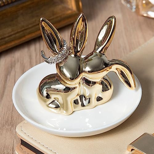 Lynagert Hasen-Ringhalter, Kaninchenring, Keramik, Schmuckhalter, Schmuckablage für Ringe, Ohrringe, Halsketten, Organizer, Hochzeits-Verlobungsringhalter (Goldene)