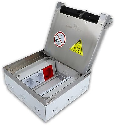 Edelstahl Bodentank Bodendose IP20 bestückt 6 VDE Schuko Steckdosen Einbaufertig Fußbodendose Steckdosenbox Deckel versenkbar trocken Hohlböden Büros Werkstätten Garagen Verkaufsräumen Luxus-Time