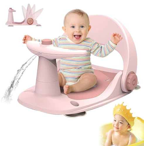MATERCUBS Foldable Baby Bath Seat with Non Slip Suction Cup Ergonomic Baby Bath Support Chair for Bathtub Baby Bath Support Seat with Mat and Water Spray Button 6 to 24 Months (Pink)