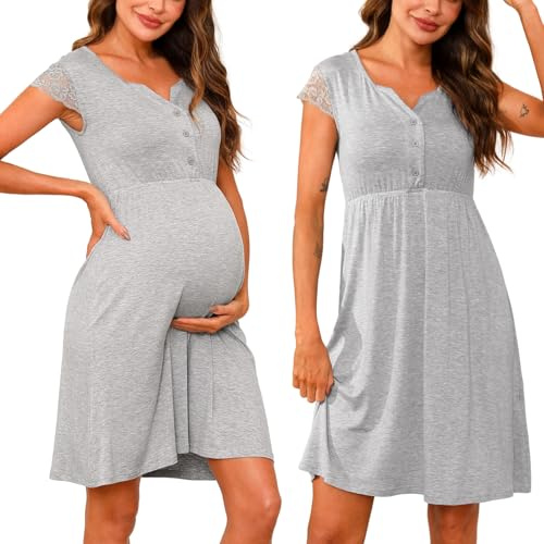 Nieery Camicie Notte Premaman Cotone Parto Ospedale Maniche Corte in Pizzo Camicia da Notte Allattamento con Bottoni Scollo a V Grigio XL