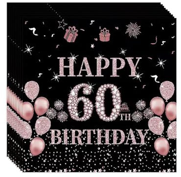 VReder Servietten 60 Geburtstag, Schwarz Roségold Papier Party Servietten, Happy Birthday 60. Servietten für Mädchen Frau Frauen Geburtstag Feiern Party Decorations 40 Stück
