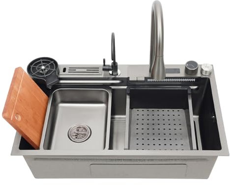 Lavello da cucina singola, 3 modalità di uscita dell'acqua, tagliere, scolapiatti, bacino intelligente a cascata, lavabo sottopiano, lavabo incasso, 81 x 50,5 x 28 cm