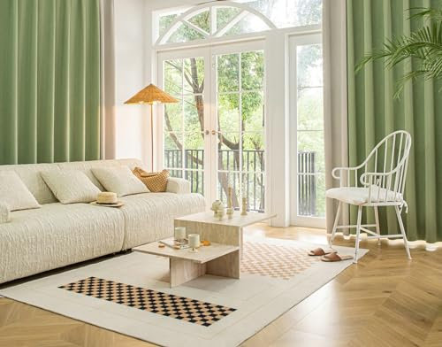 Ayoiow Gardine Lichtundurchlässig, Thermo Vorhänge Mit Ösen, Chenille Vorhang Wohnzimmer 2Er Set Kräuselband, Grün Weiß, 107X244CM