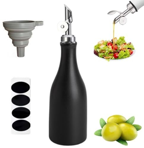 mumisuto Dispensador de Vinagre y Aceite, 300ml Aceitera y Vinagrera Dispensador de Aceite Botella Aceite con 4 pegatinas de etiquetas 1 embudo para cocina y barbacoa ensalada (Negro)