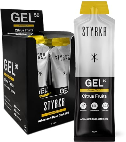 Styrkr GEL50 Energy Gels by Styrkr - 50g of Carbs - Pack of 12 Citrus Flavoured Energy Gels for Cycling & Running - Approved by Endurance Athletes - Advanced Dual-Carb Formulation - 12x Pack