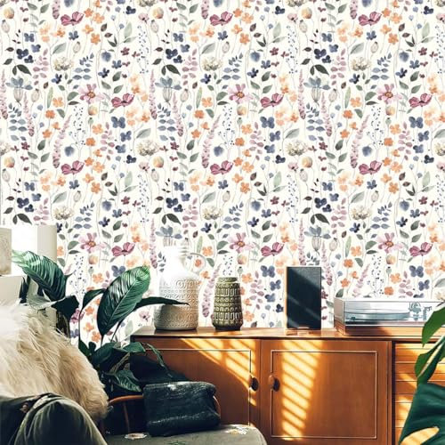 Selbstklebende Tapete Orange Blume Lila Strukturtapete Wandtattoo Schlafzimmer Tapete Selbstklebend Vliestapete Wallpaper for Living Room Tapeten Leicht zu Entfernen Wandschutzfolie 45x300cm