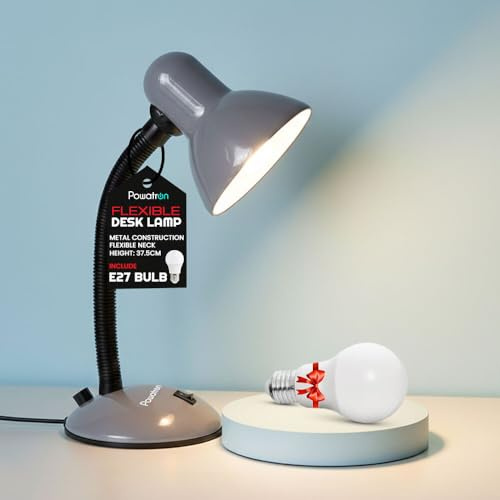 Flexible Desk Lamp with Bulb – Flexi Table Reading Lamp Adjustable Neck Metal Construction On/Off Switch & 1.5m Cable W/BS Approved Plug Mains Powered Desk Lamps | Perfect for Home & Office Use