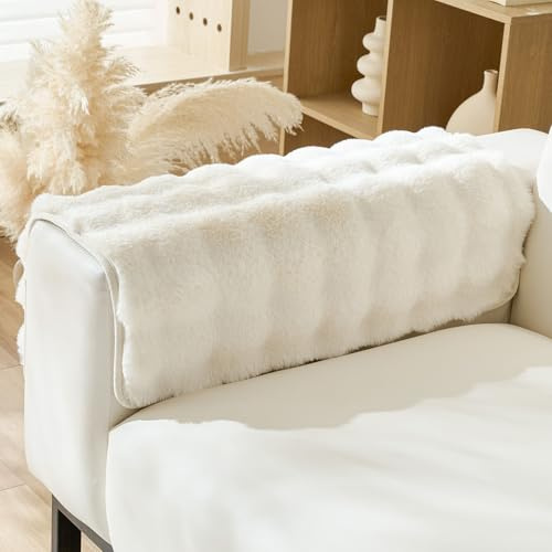 Huierxun Faux Fur Armrest Cover Backrest Cover Fuzzy Plush Thick Bubble Sofa Cover Luxury Soft Cozy Couch Cover Anti-Slip Sofa Slipcover Washable Furniture Protector (Ivory,28x28)